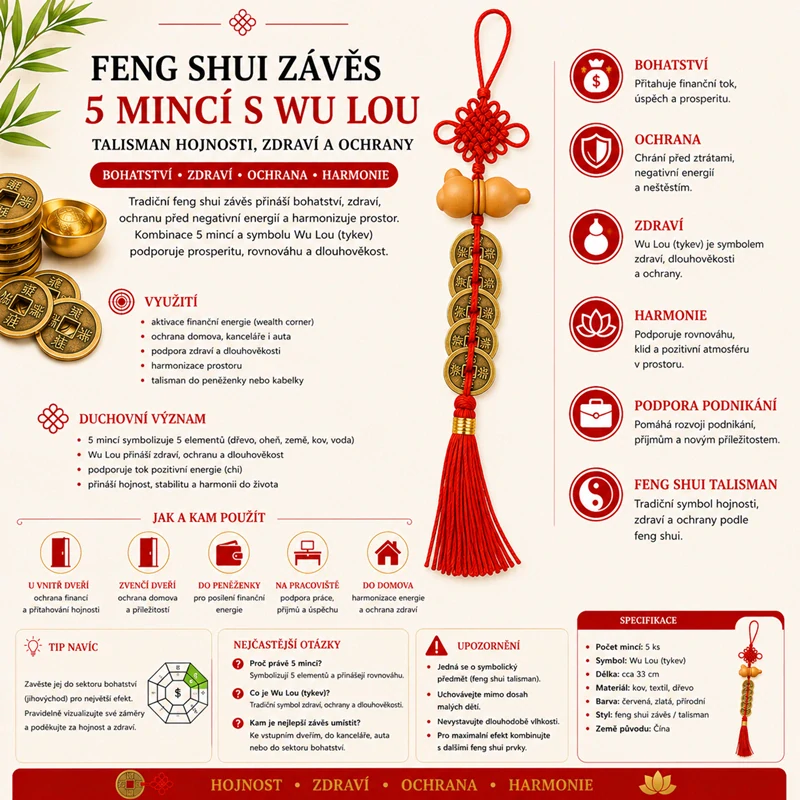 Feng Shui závěs 5 mincí s Wu Lou, 33cm
