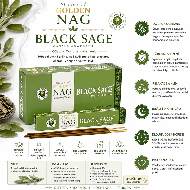 Vonné tyčinky Vijayshree Golden Nag Black Sage 15g