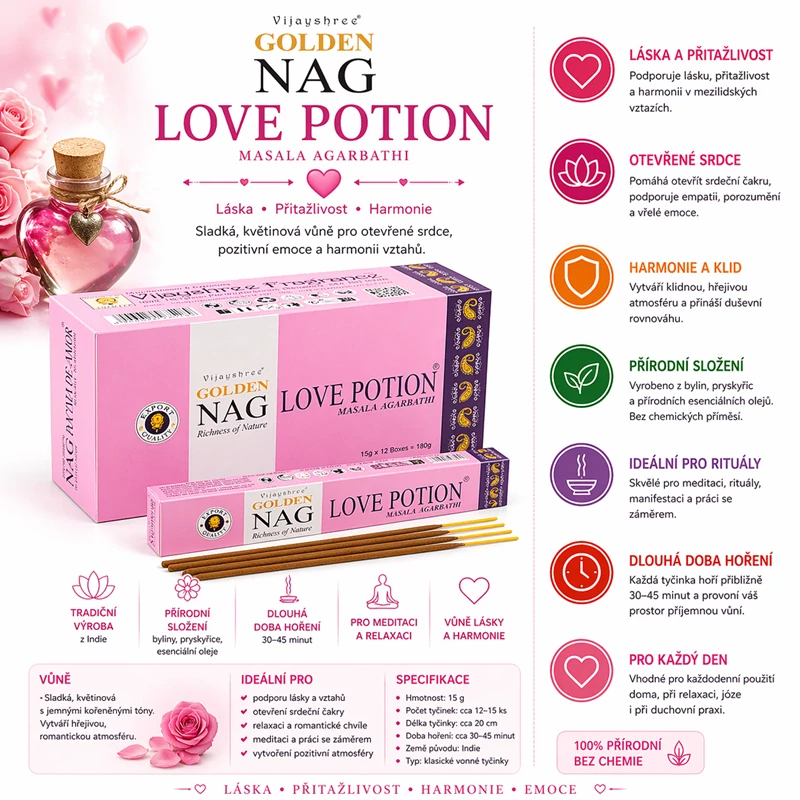 Vonné tyčinky Vijayshree Golden Nag Love Potion 15g