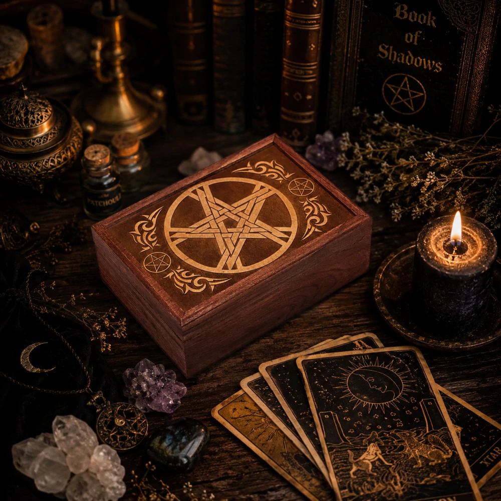 Dóza na tarotové karty Pentagram, dřevěná